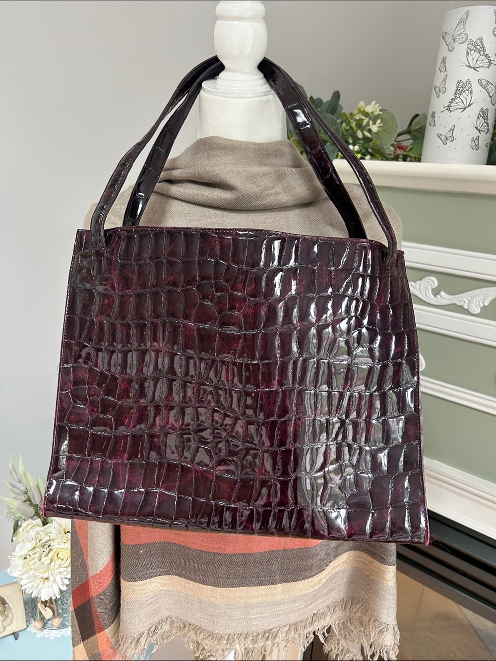 DKNYC Croc-Embossed Patent Shoulder Tote in Deep Burgundy